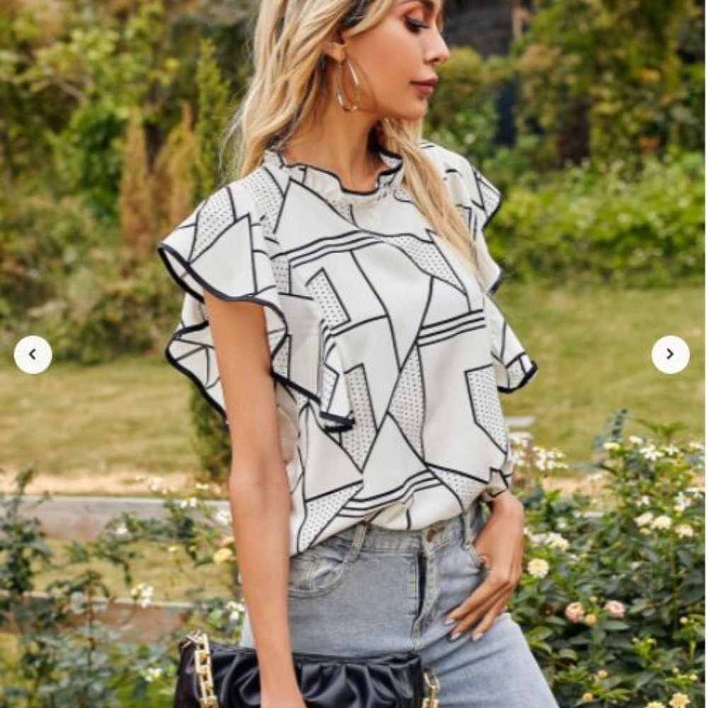 New Geometric Print Ruffle Trim Blouse - Picture 6 of 7